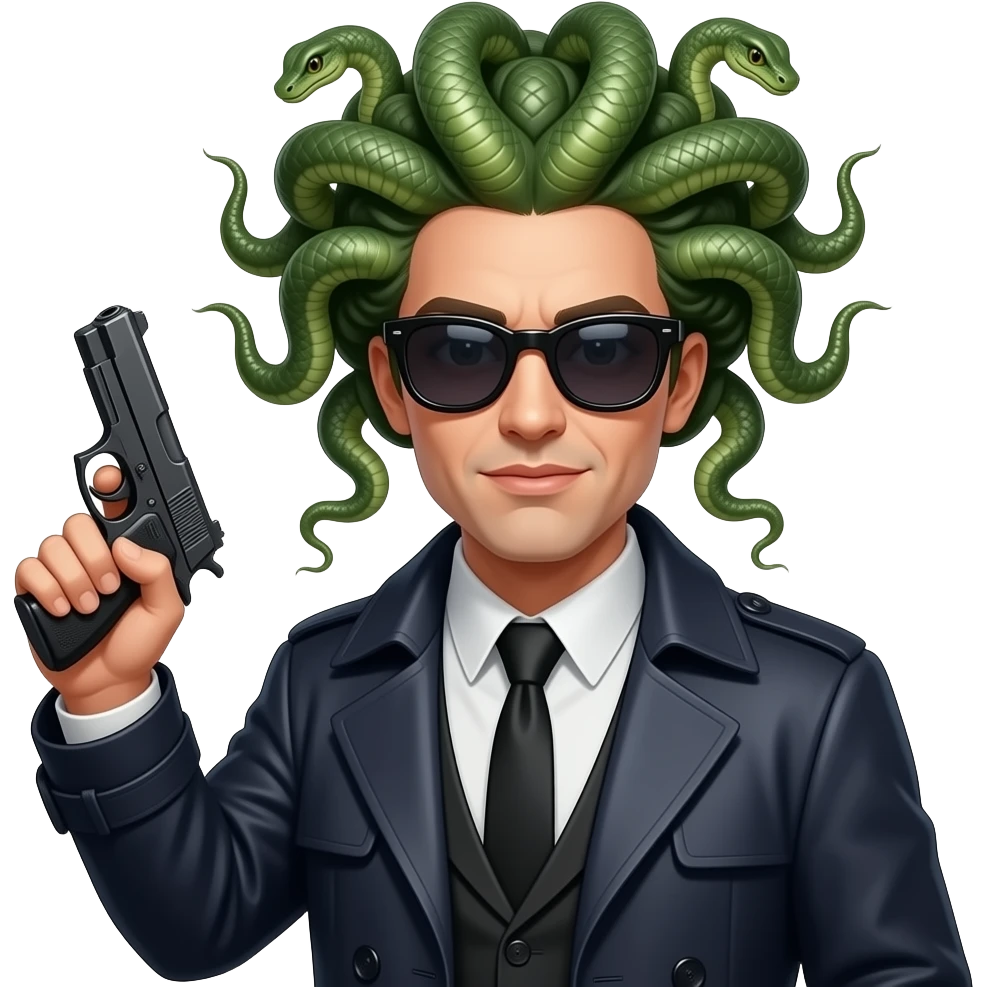 Medusa in trenchcoat with sunglasses holding gun emoji
