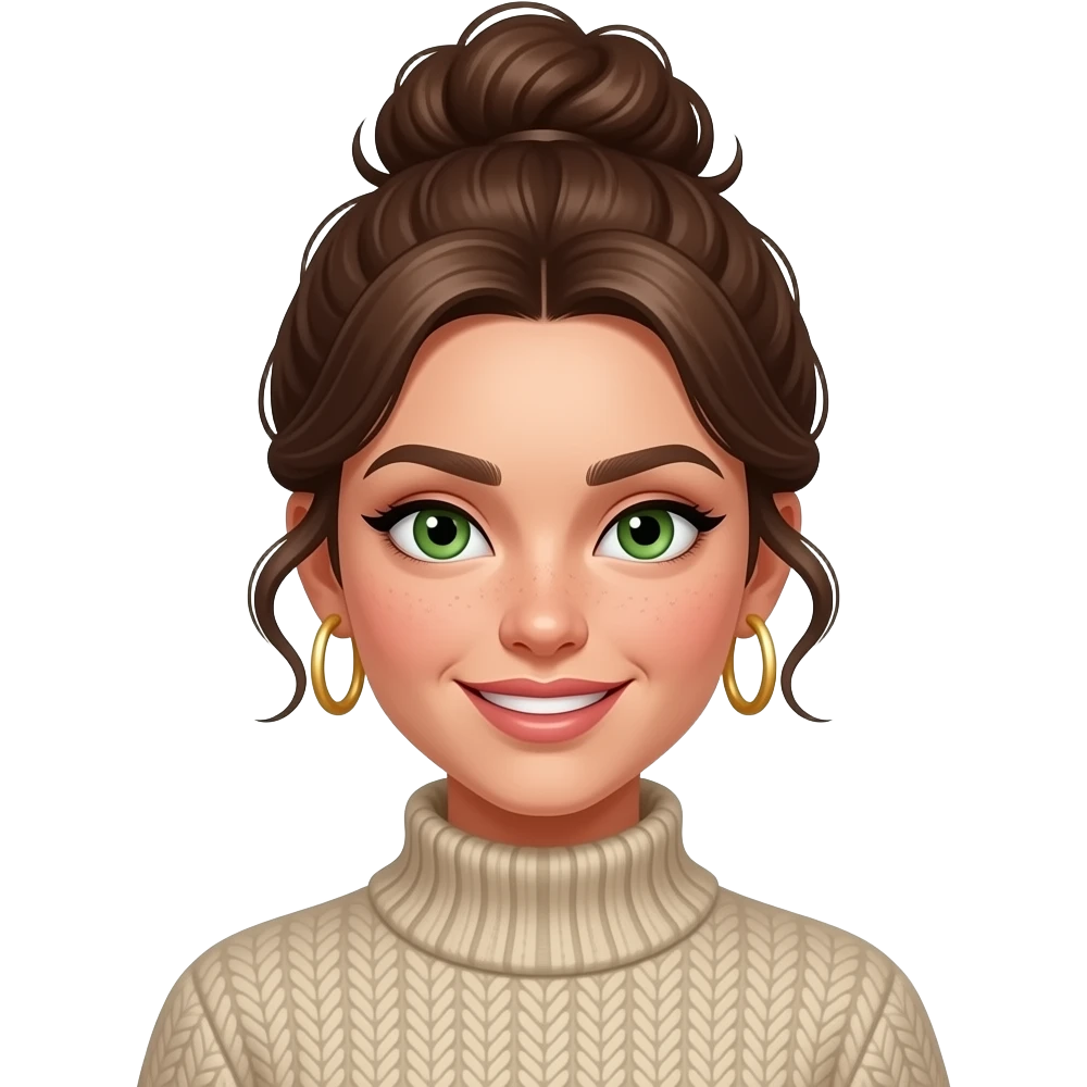 très jeune femme brune, yeux verts, cheveux en chignon haut ondulés, sourire sarcastique, maquillage, botox, pull, anneaux dorés aux oreilles emoji