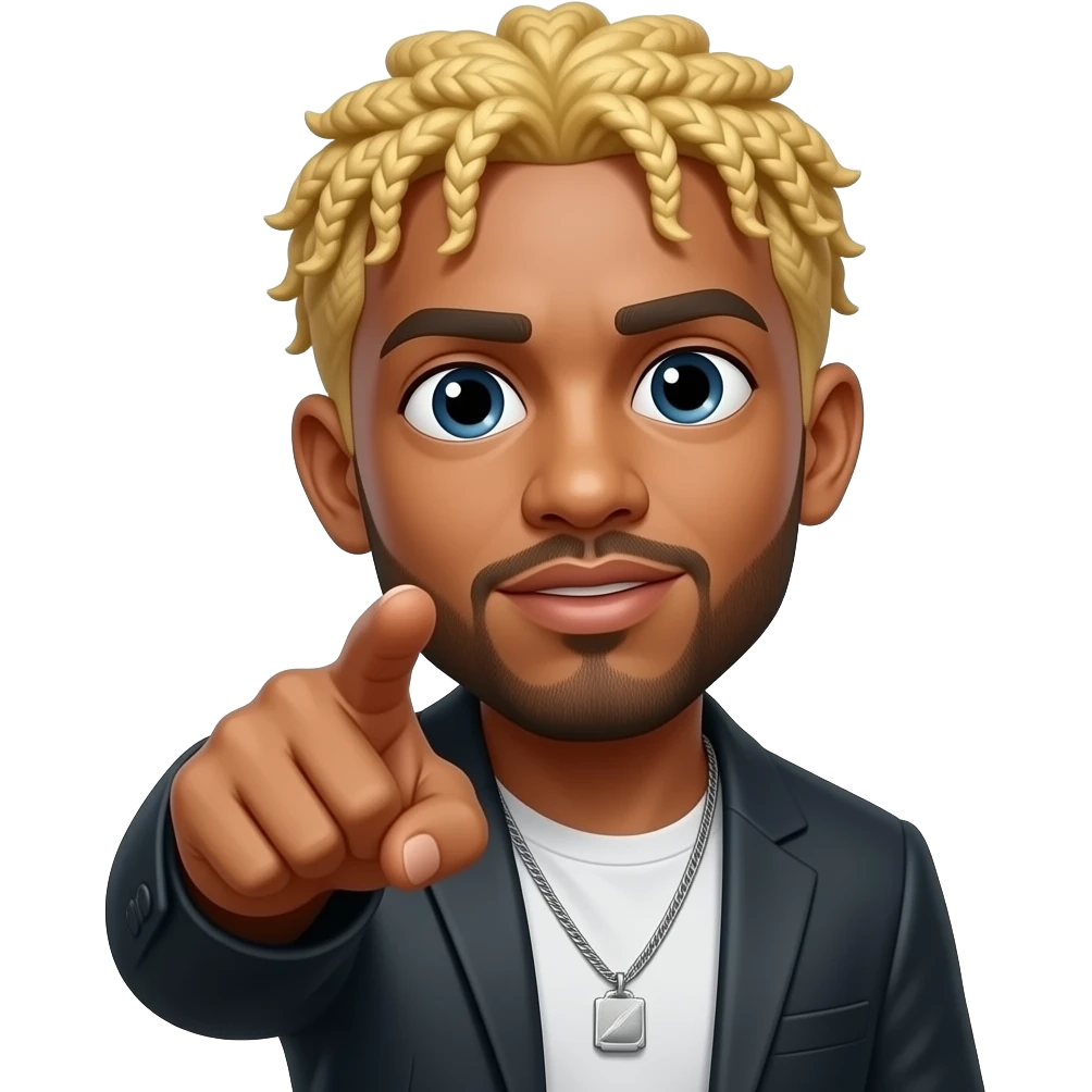 Un cantante de reggaeton güero, señalando hacia el frente, como si dijera que te está viendo, emoji