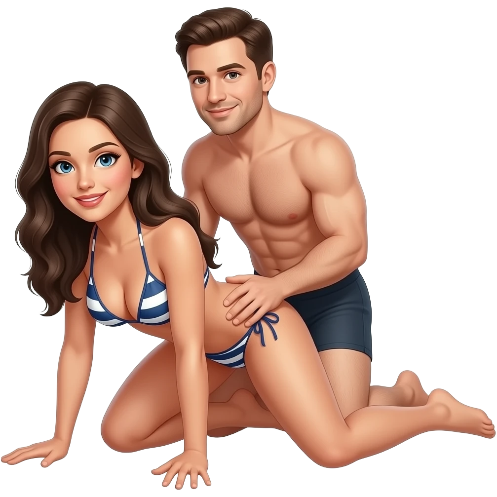 Fille à quatre pattes en bikini jambes écartées Avec un homme en slip qui tiens ses hanches derrière elle  coller à elle emoji