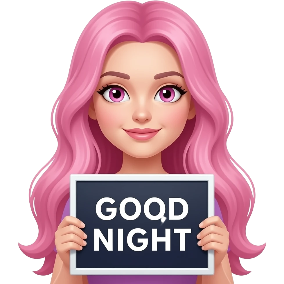 sexy girl with long pink hair and pink eyes holding a GOOD NIGHT sign emoji
