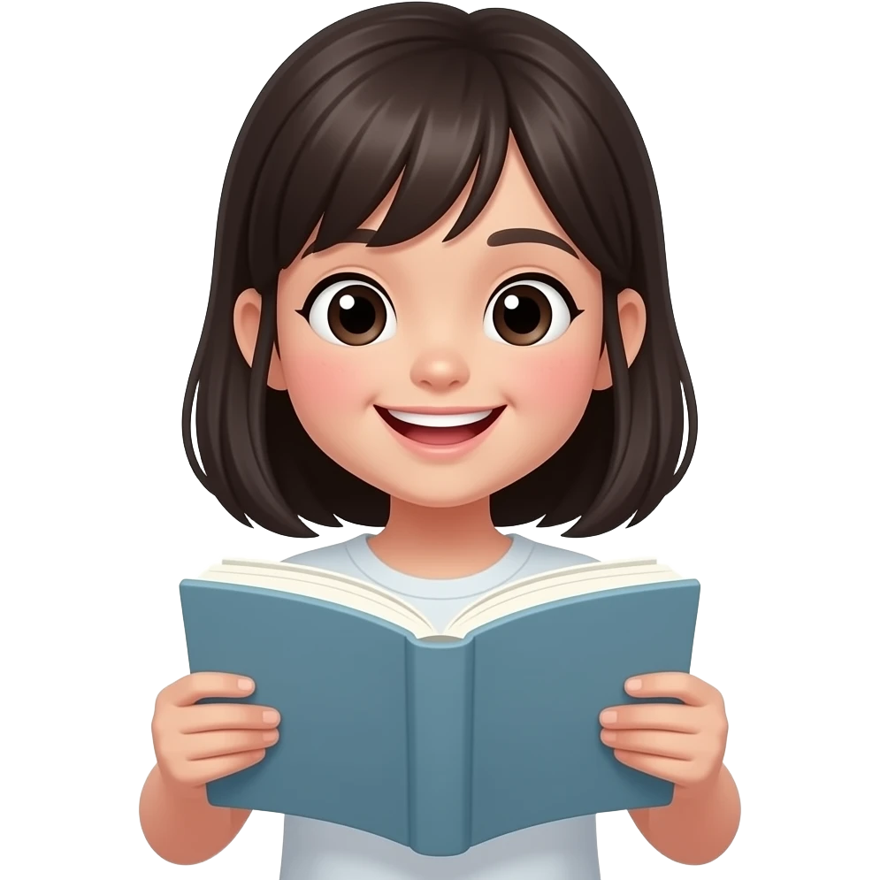 teenage girl reading a book looking happy, asian skin emoji