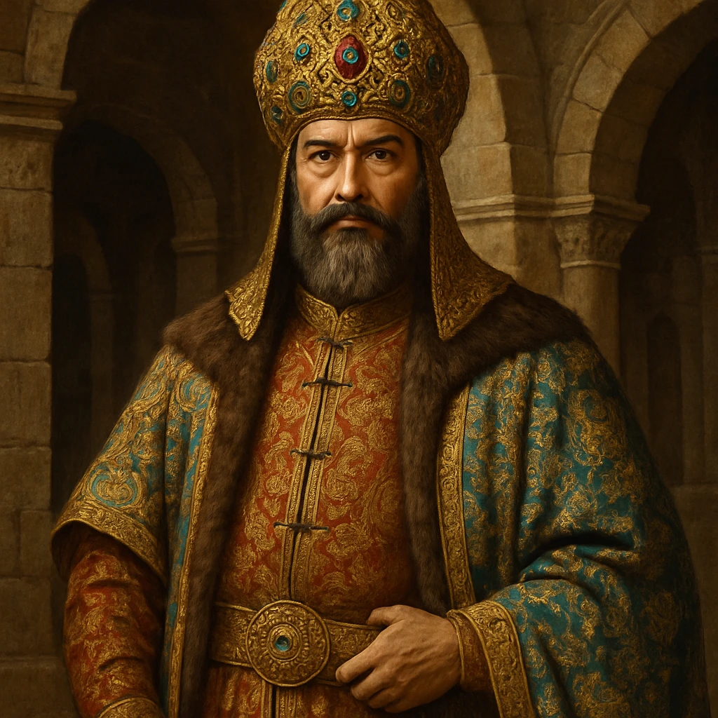 Seljuk emperor, traditional Turkish royal robes, elaborate headgear, medieval setting, dignified expression emoji