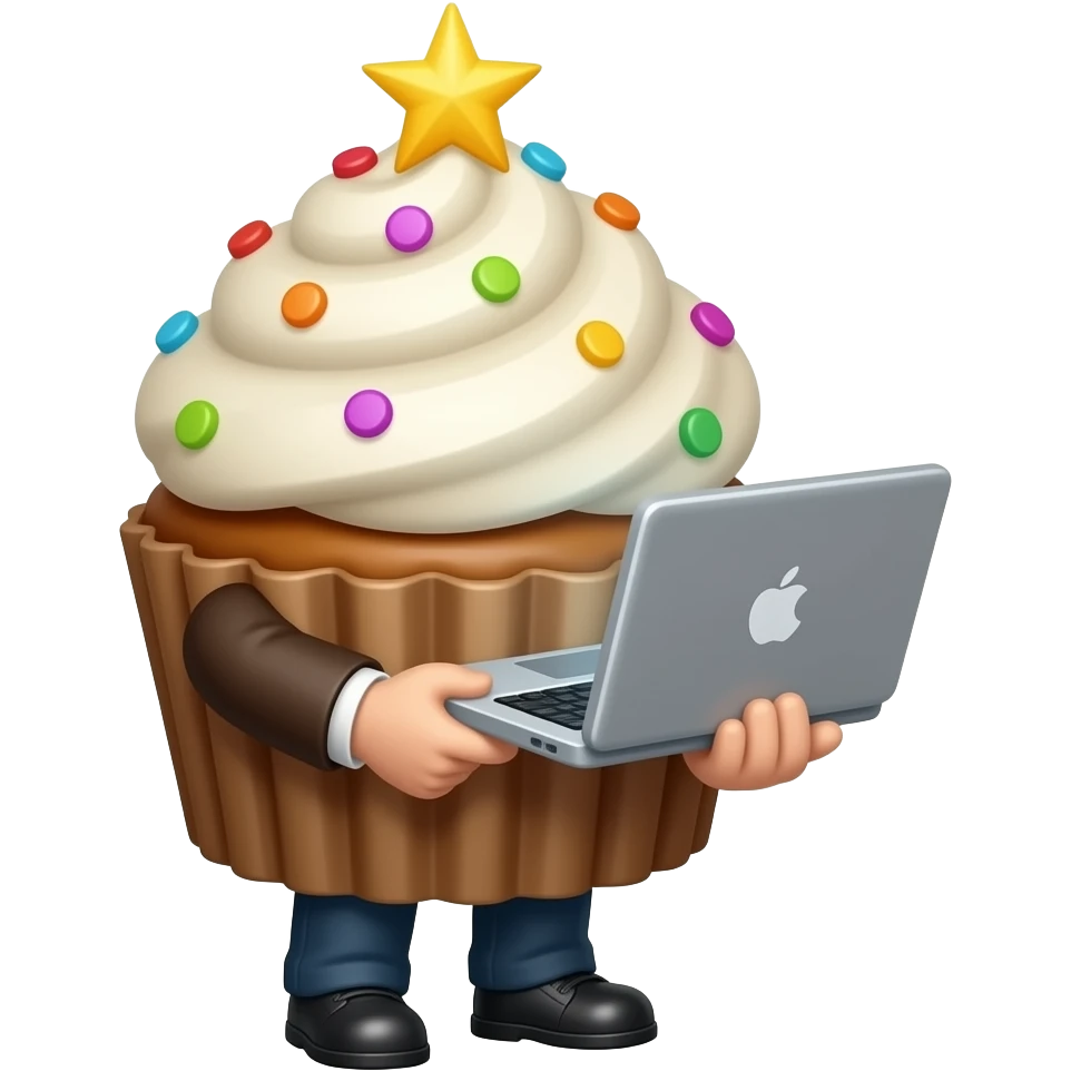 pixel cupcake, concentrated on work with a laptop in its hands emoji