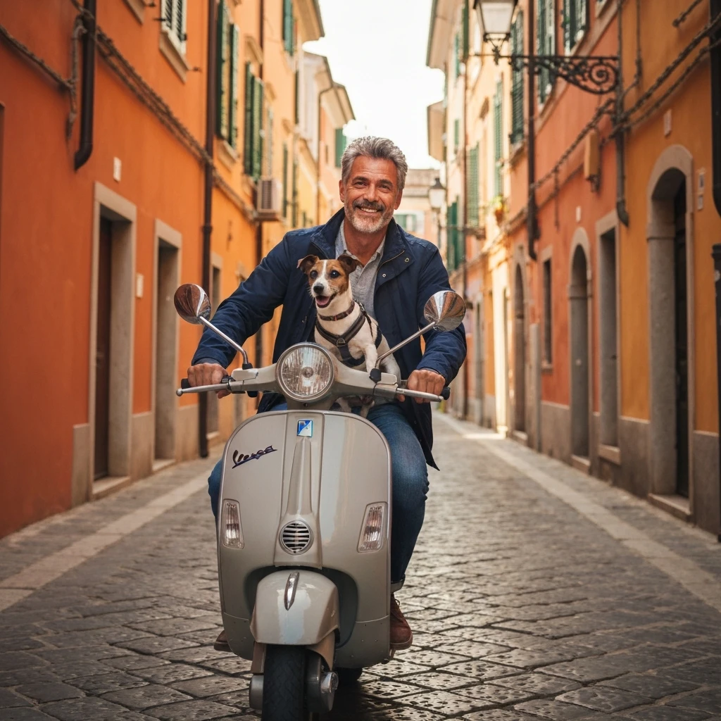 man and his pet dog riding a vespa emoji