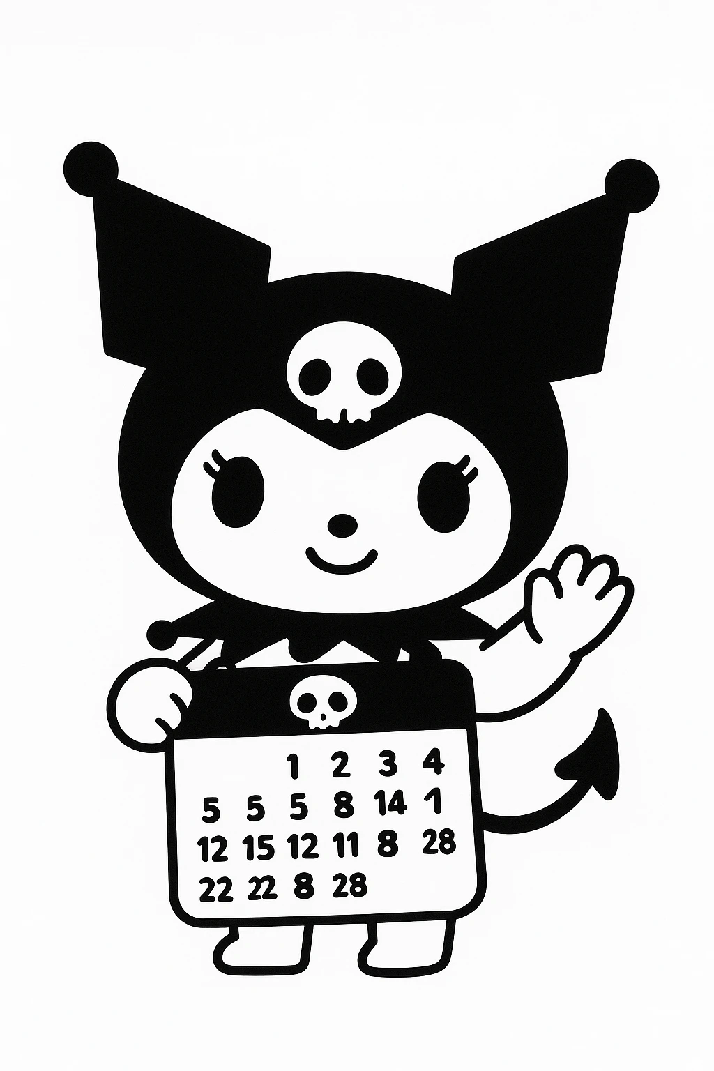 Kuromi holding a calendar emoji, black and white emoji