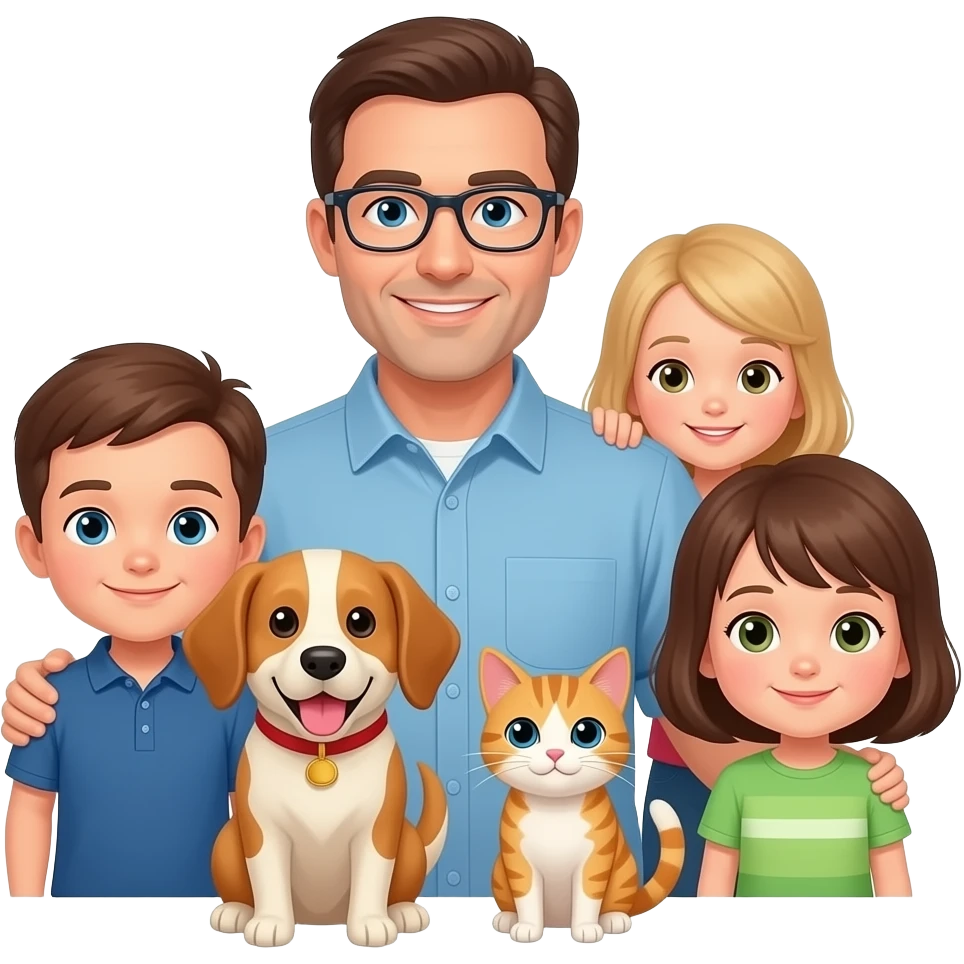 Papa met 3 kinderen, een hond en een kat emoji