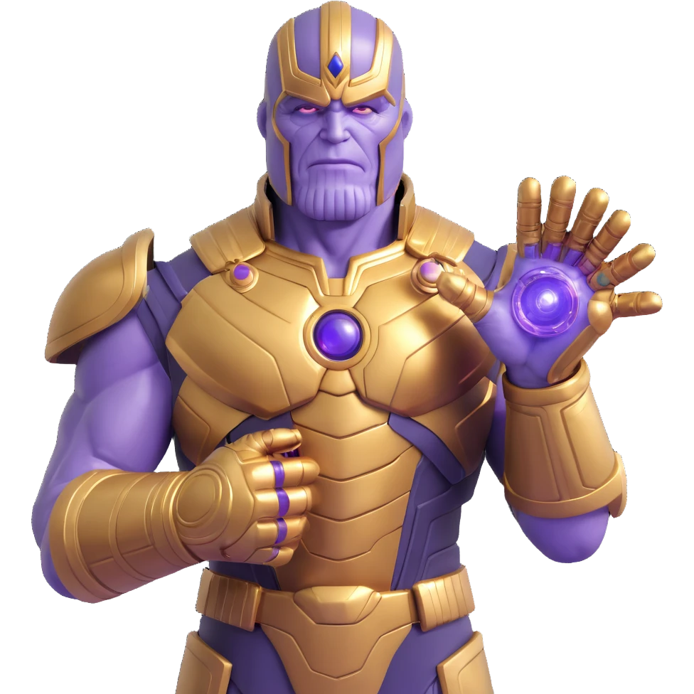 Thanos from Marvel, 3D emoji style, purple skin, gold armor, Infinity Gauntlet, round and shiny emoji