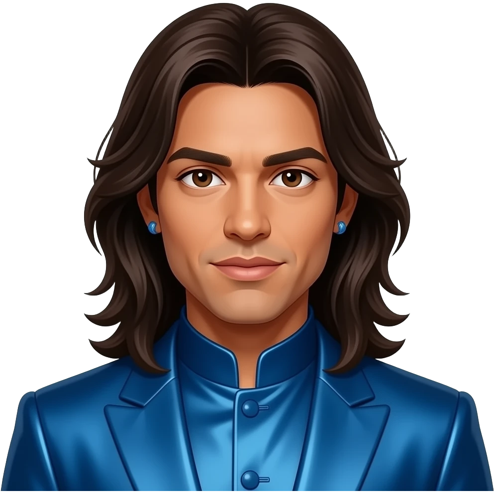 Fab Morvan from Milli Vanilli with dark skin, dark brown eyes, long dark brown shoulder-length hair, blue 80s metallic new romantic mao suit, earrings emoji