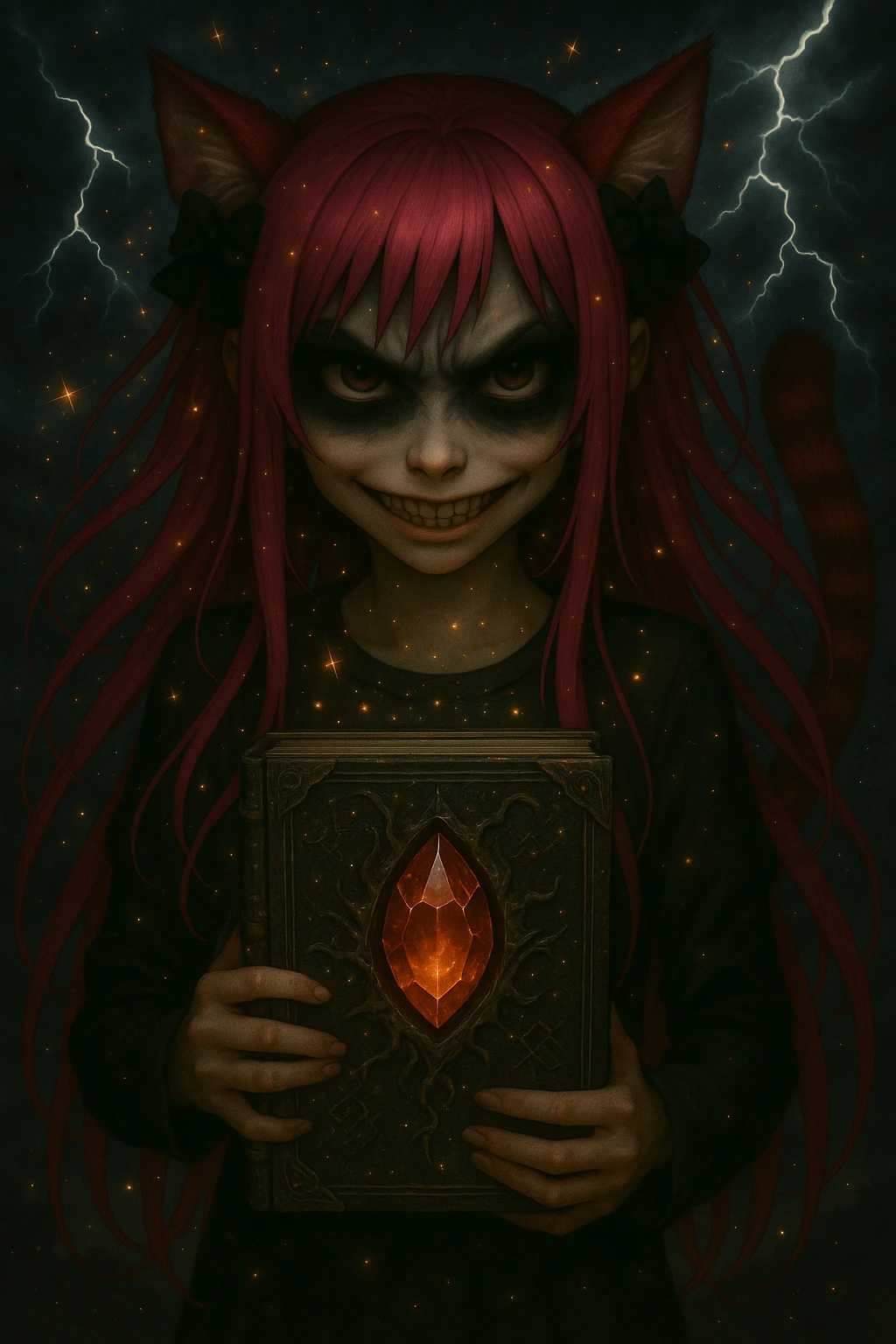 Change the magical accessory to a dark, cursed artifact such as a glowing, sinister crystal or an ancient, enchanted book. Keep the scary expression, emo style, pink hair, sparkles, and stormy background. Render in a realistic anime style. emoji