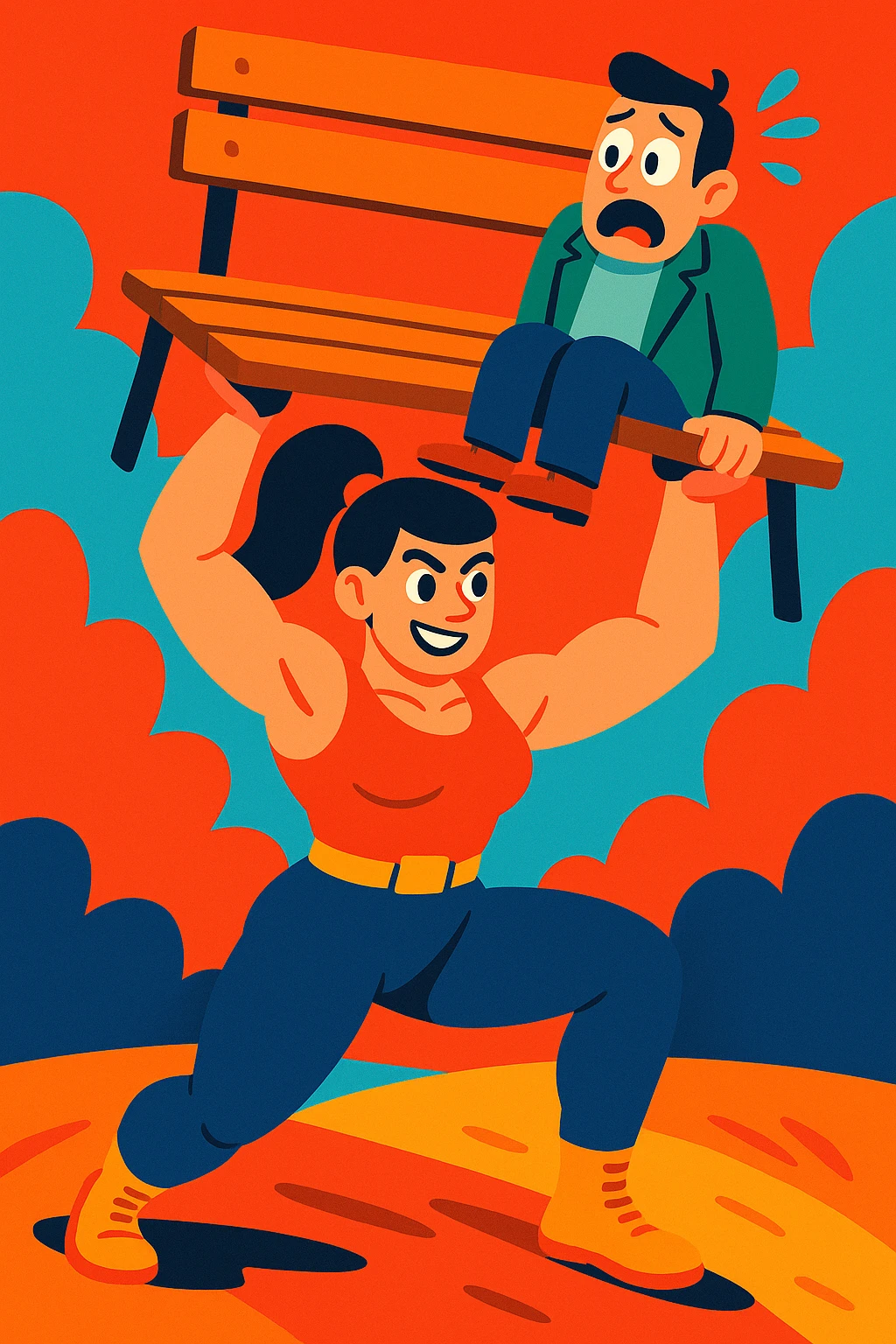 A strong woman holding up a bench with a terrified man sitting on it, vibrant illustration, colorful and dynamic emoji