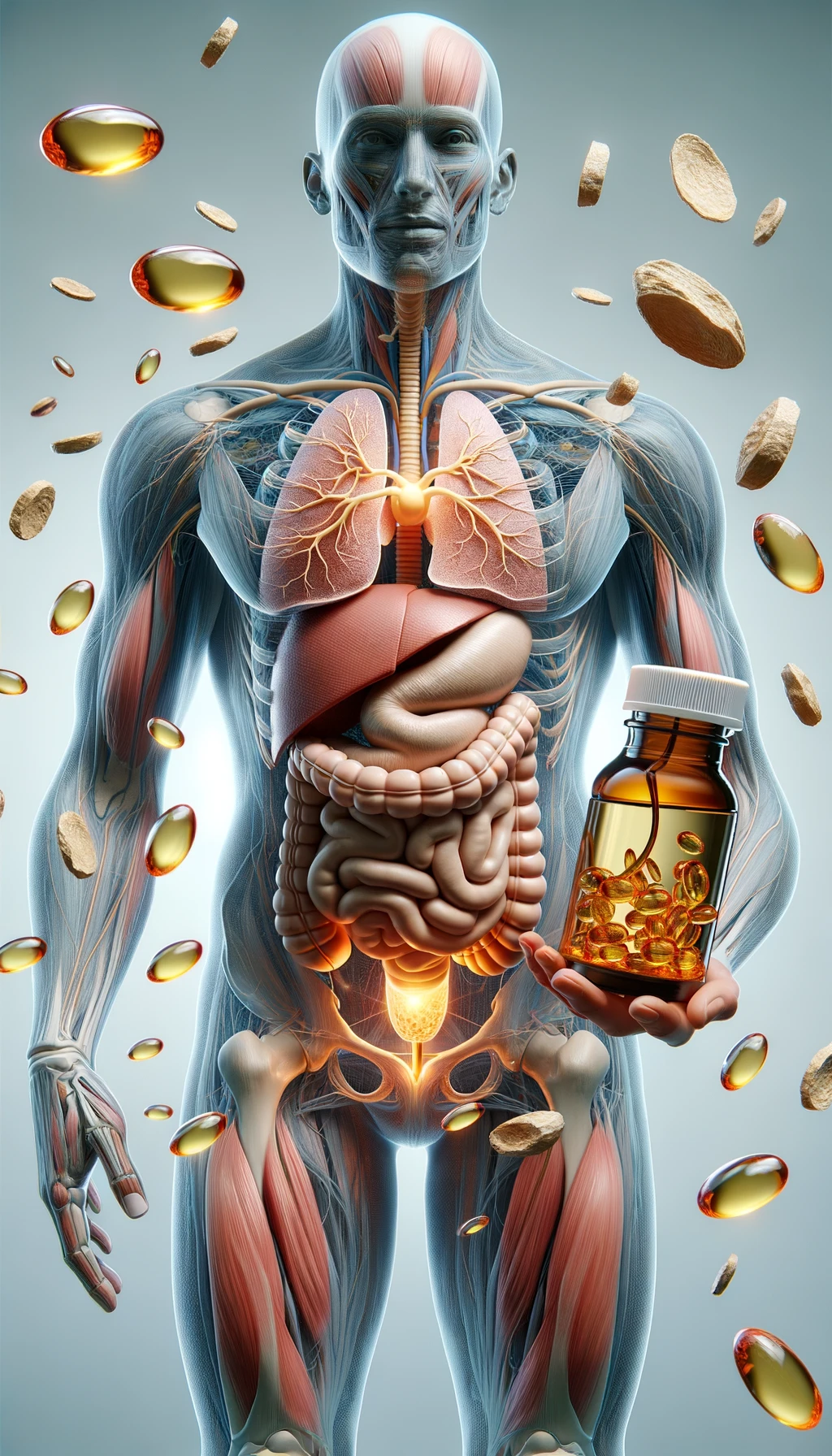 corpo umano anatomico tiene in mano l'olio di enotera, intorno a lui fluttuano particelle di ormoni umani, sfondo neutro chiaro, iperrealistico 4k emoji
