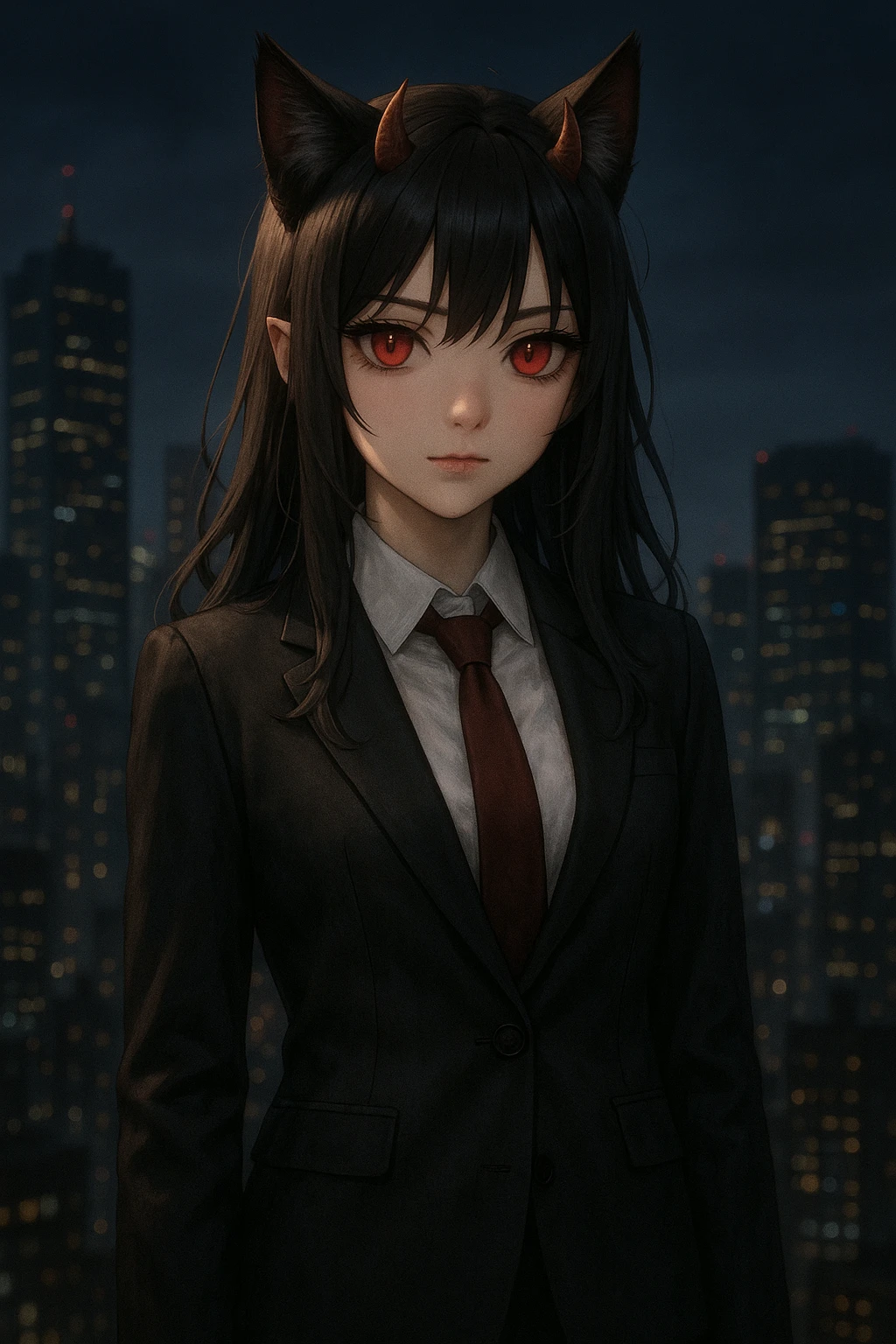 realistic anime catgirl devil in a business suit, subtle horns, red eyes, city skyline at night emoji
