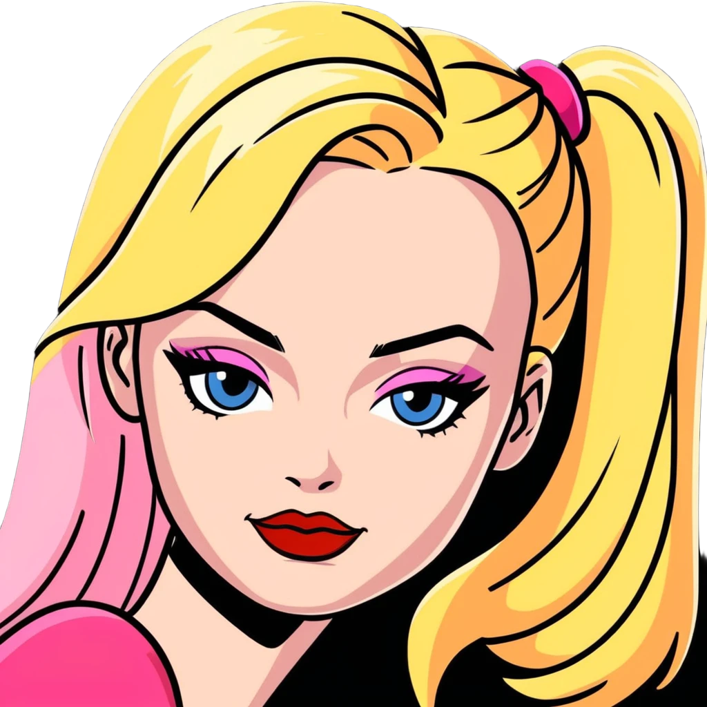 A combination of Margot Robbie as Barbie and Harley Queen (half-face) emoji