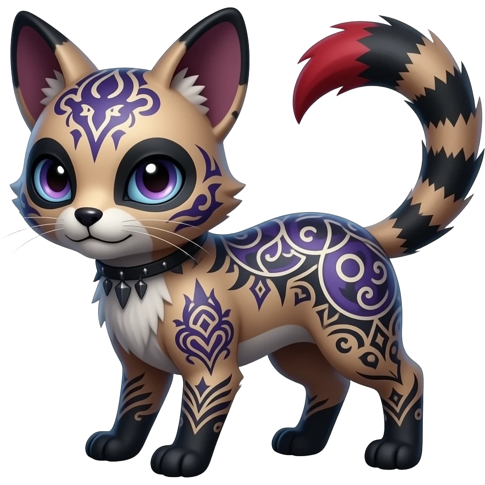 Rare warm-colored exotic gloomy tropical edgy cute epic aesthetic spooky indigo violet white black red gothic colorful Salandit-Furret-Civet-species-Fakemon-hybrid-creature, with tribal tattoo markings, full body emoji