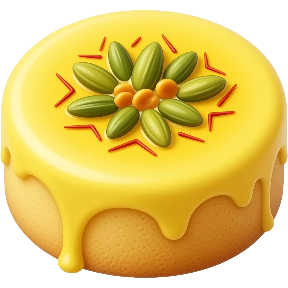 Yellow color sweet dish made up of milk sprinkled with pistas and kesar it is round in shape and it has ras means liquid for that soft sponge emoji