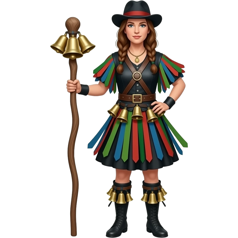 Female Border Morris dancer with stick in hand and bells on shins emoji