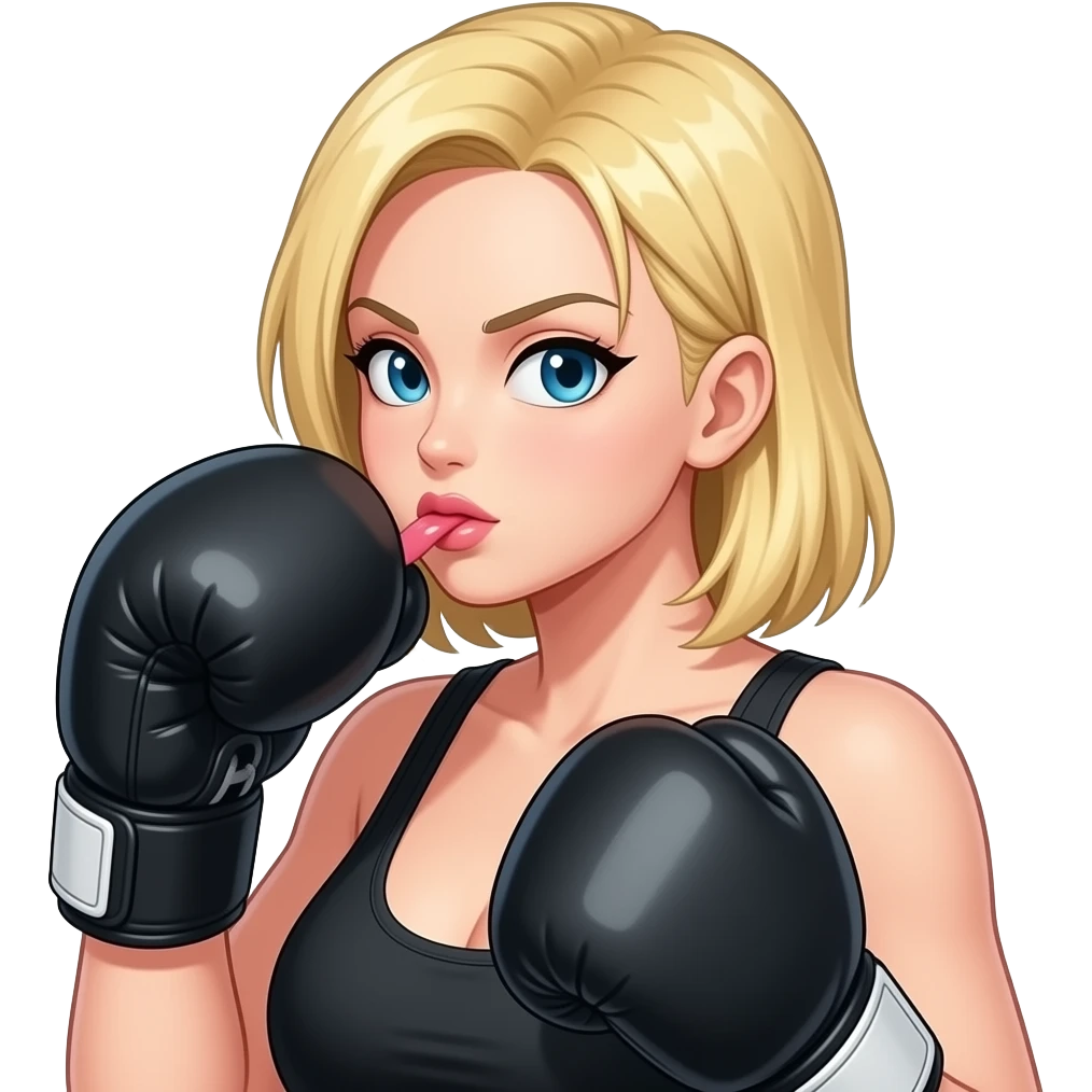 Topless boxing, blonde shoulder length haired female, android 18, from dragon ball super, in the black boxing gloves, having slobber kiss emoji