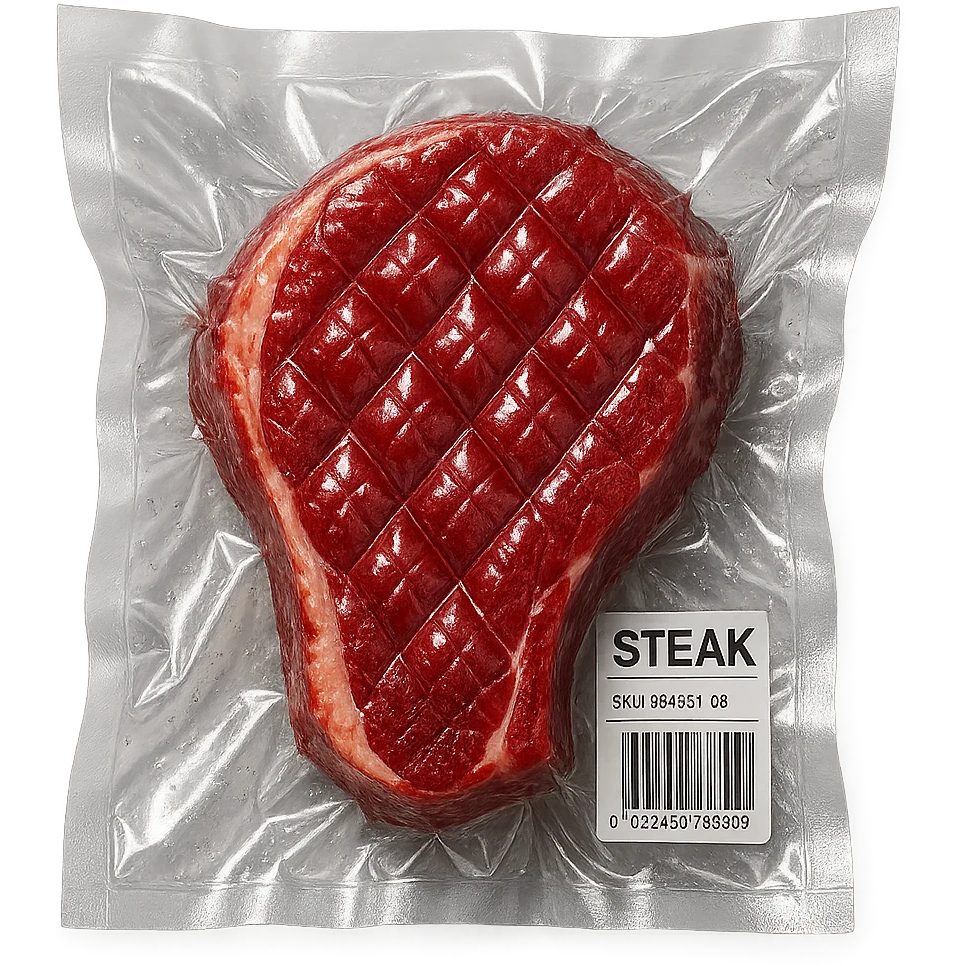 diamond-textured meat steak, shiny and inflated, vacuum-sealed style emoji
