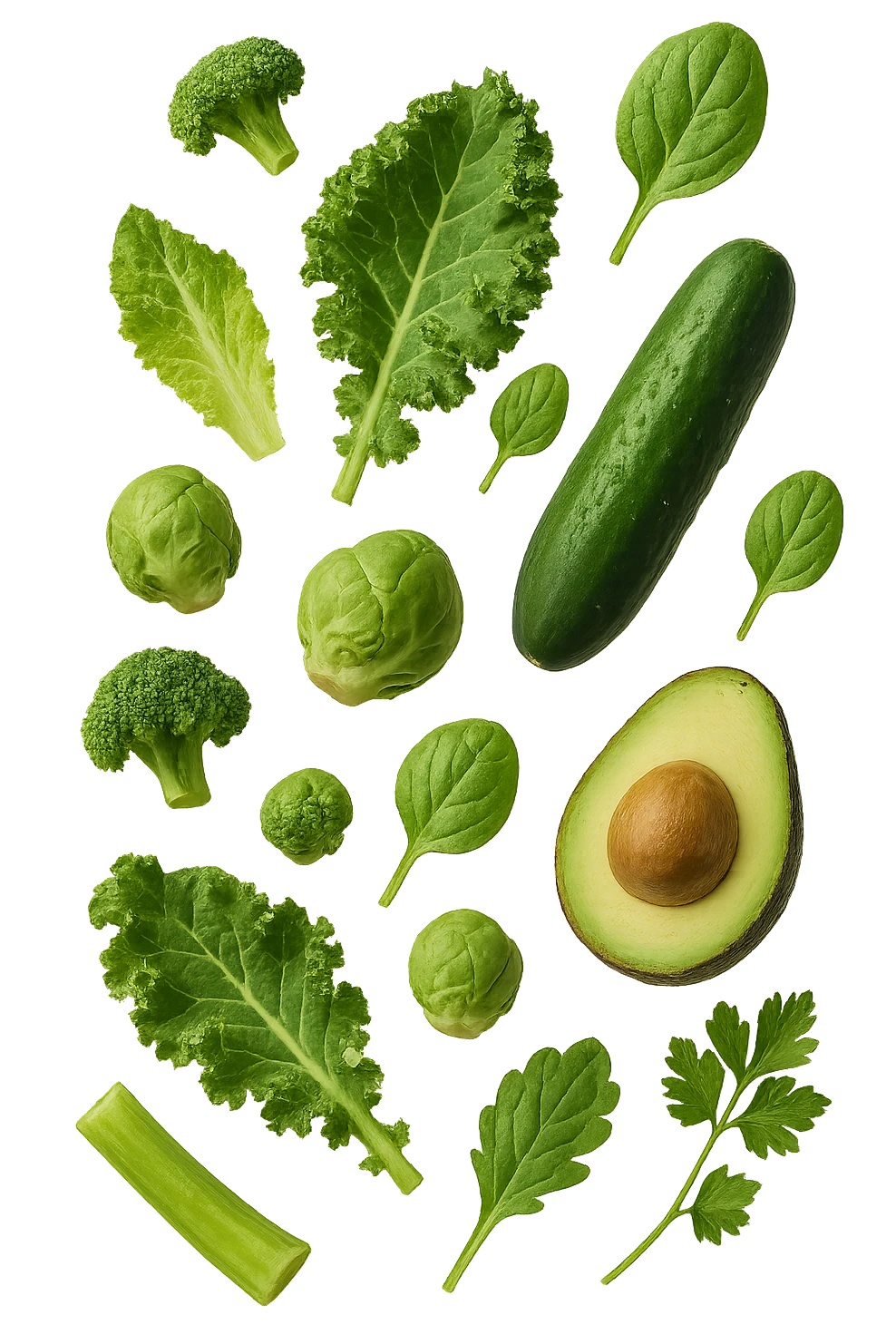 varie verdure verdi fluttuano in aria e cadono verticalmente, IPERREALISTICA 4K emoji