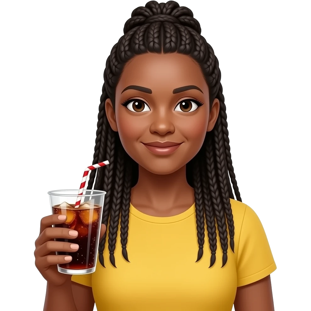 professional black woman in her 40s with long thin hair braids pulled some up some down wearing a yellow top and holding cup of soda emoji