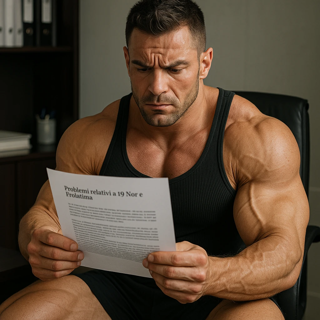 hyperrealistic muscular male bodybuilder sitting and reading a paper or text in Italian about his problems related to '19-Nor and Prolactin'. Serious and worried expression, realistic and detailed environment, natural lighting, professional atmosphere emoji