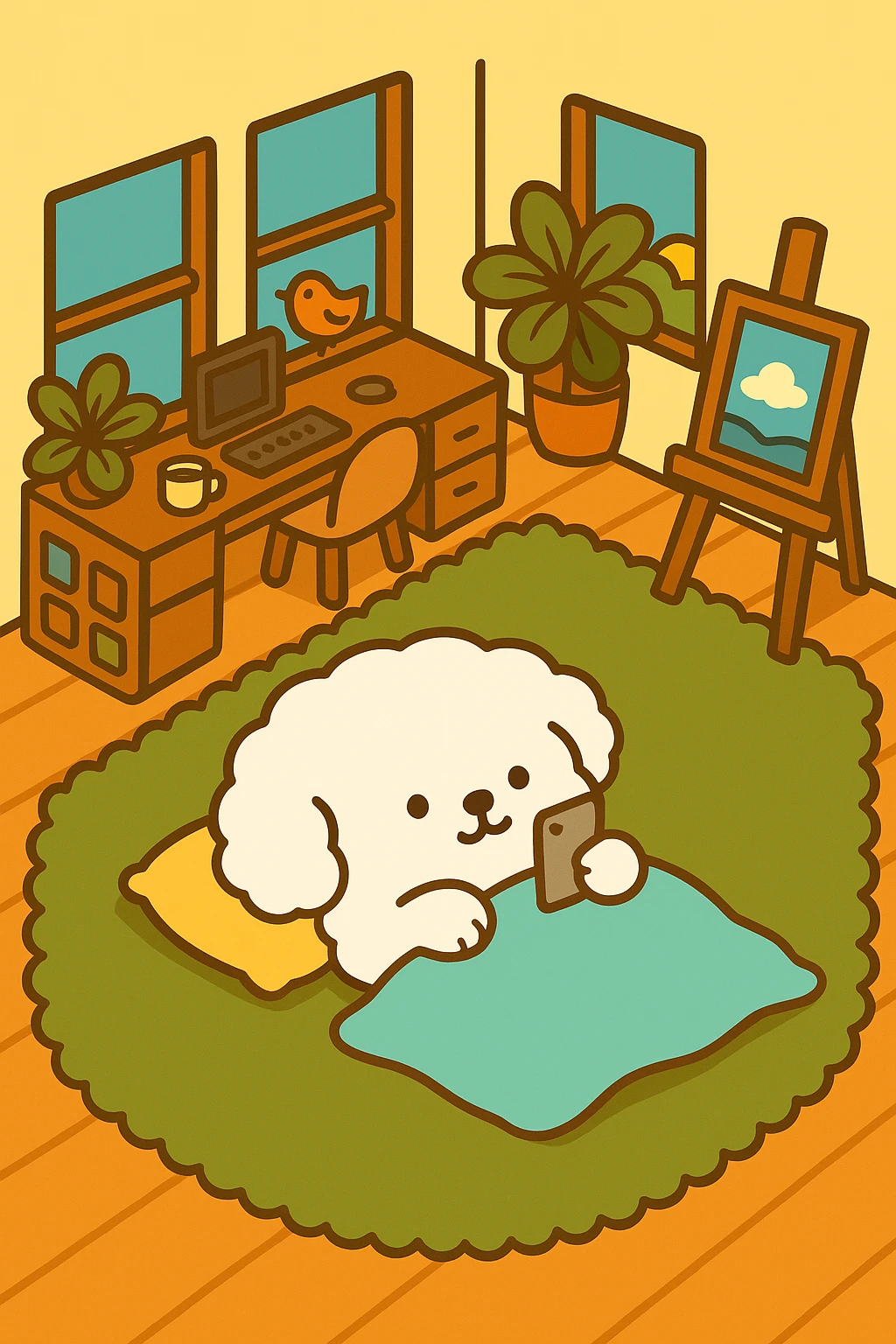 Place the character lying down on the green carpet in the living room, keeping the cute style and the original colors of both elements. emoji