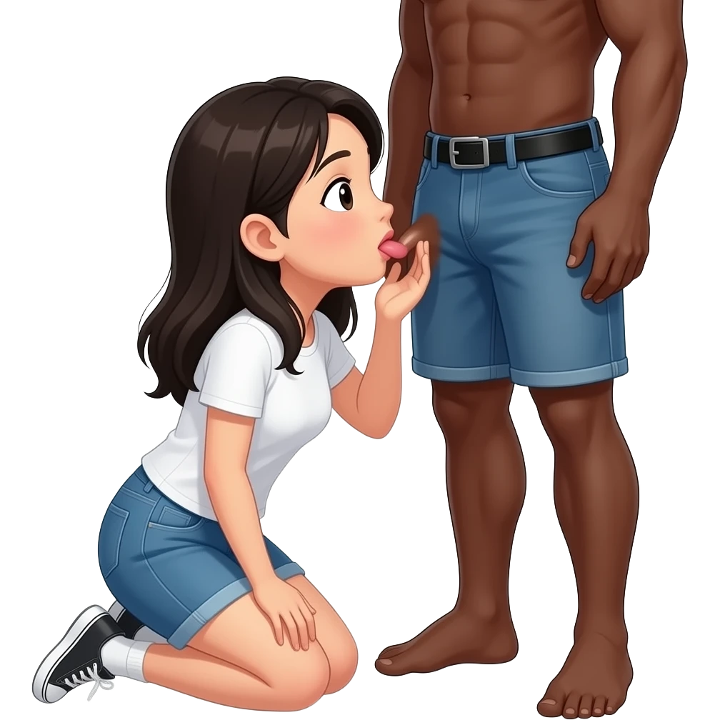 Asian girl kneeling before a black guy showing his penis and sucking on it emoji