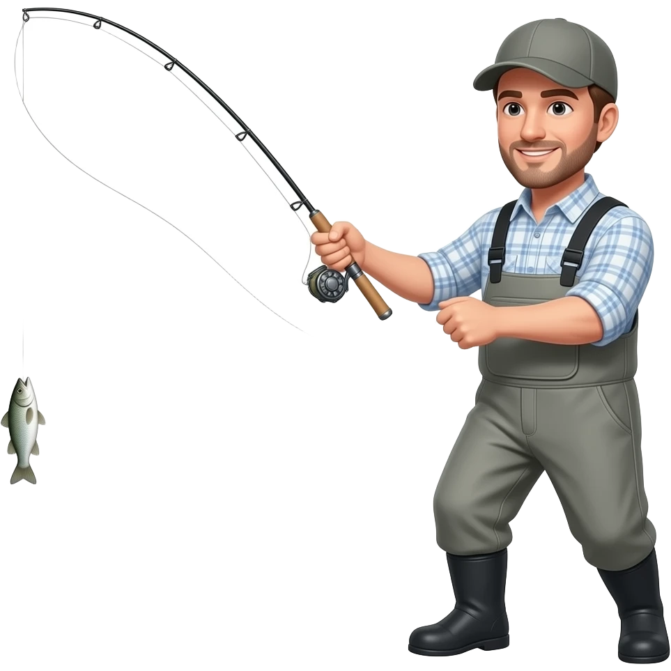 a guy fly fishing with grey waders using the fly fishing rod like a whip, no fish on the end of the line emoji
