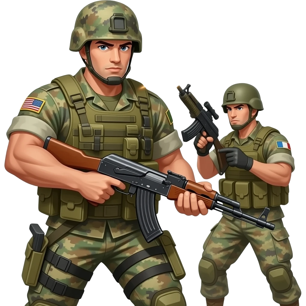 Super buff guy in army uniform holding a AK 47 in a battle fighting someone emoji