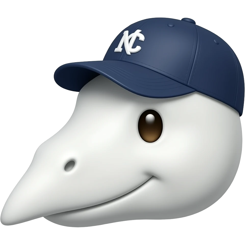 face close-up emoji of a cute white dinosaur with a long pointed snout, small dark eyes, smooth white scales, wearing a navy blue baseball cap with NC logo, friendly expression, round face, cartoon emoji style, no body emoji