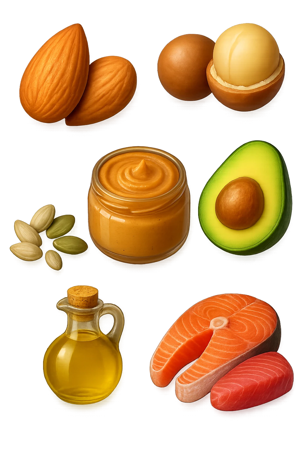 EMOJI STILE IPHONE DI
Frutta secca (mandorle, noci macadamia)
Burro di frutta secca (es. burro di arachidi)
Avocado (in piccole porzioni)
Semi
Olio extravergine d’oliva
Pesce grasso (salmone, tonno)
, fluttuano in aria REALISTICA 4K emoji