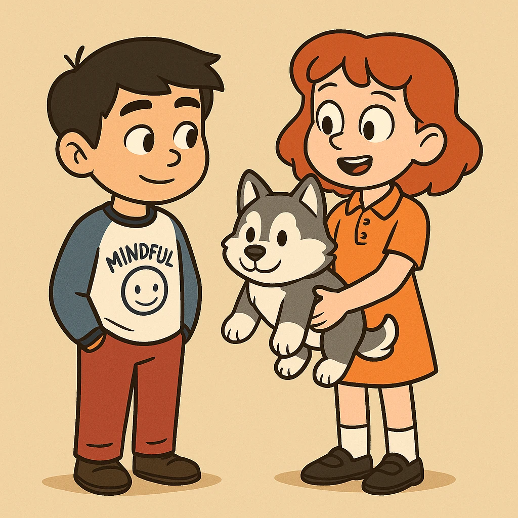 A boy Mindful Blue Original Long Sleeve T blue jeans brown shoe Chinese boy black hair Ringer T White Navy red trousers black shoe Siberian Girl red hair Orange Pro polo dress with socks black loafer a shoe Husky plushie  emoji