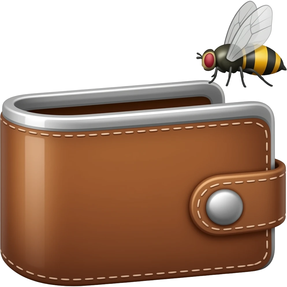 Dompet kosong dengan lalat yang terbang kluar dari dalamnya emoji