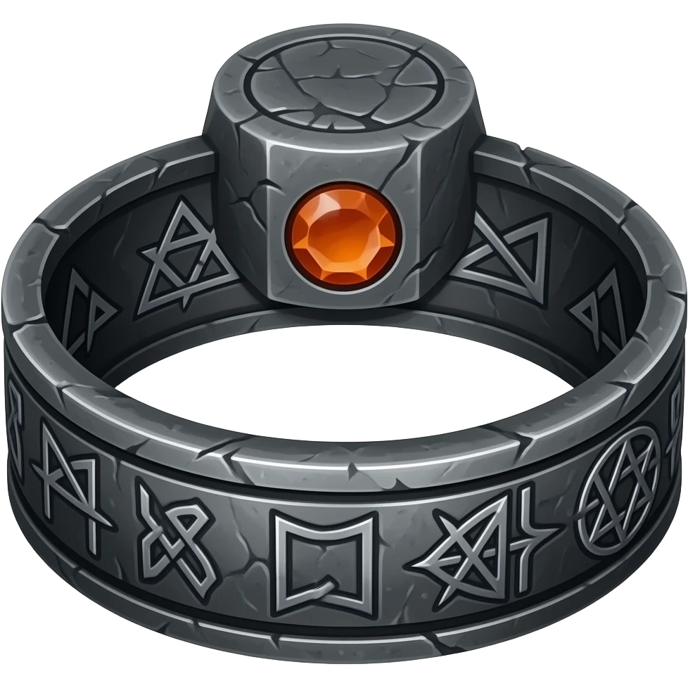 A runic ring meant for dark warlocks, dark and ominous with strange occult markings. Make it foreboding, maybe with a dark grey and orange gem emoji