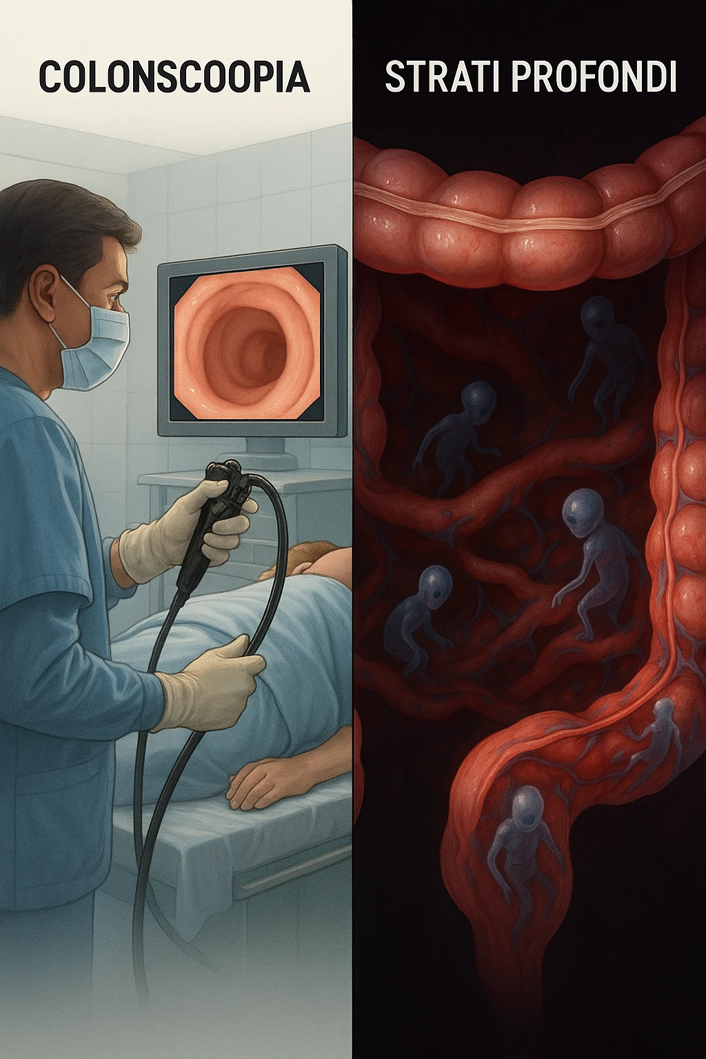 A split-screen medical illustration in cinematic style: on the left side, a doctor performing a colonoscopy on a patient in a sterile clinic, with the endoscopic camera displaying clean, healthy mucosal surfaces on a screen. On the right side, a symbolic cross-section of the same intestine — but shown in deeper layers beneath the surface, where parasitic organisms (small, translucent or shadowy figures) hide between folds and tissues not visible via standard scope. The contrast is clear: what is seen vs. what remains hidden. Lighting on the left is bright, sterile, clinical; lighting on the right is darker, with red and blue tones to suggest inflammation and invasion. Shot in hyper-realistic 3D medical style, educational but emotionally charged IN ITALIANO emoji