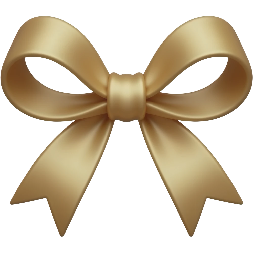 3D icon of a miniature dainty ribbon bow with long tails, light brown color with a satin-like sheen, thin elegant loops, warm gold undertones, isolated on transparent background, perfect to adorn a gift or candy, photorealistic rendering emoji