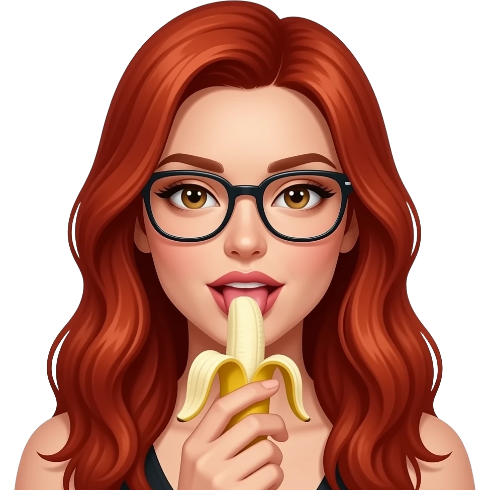 lei capelli rossi lunghi con occhiali, succhi la banana in modo sensuale con la lingua mentre lecca con intimo sexy emoji