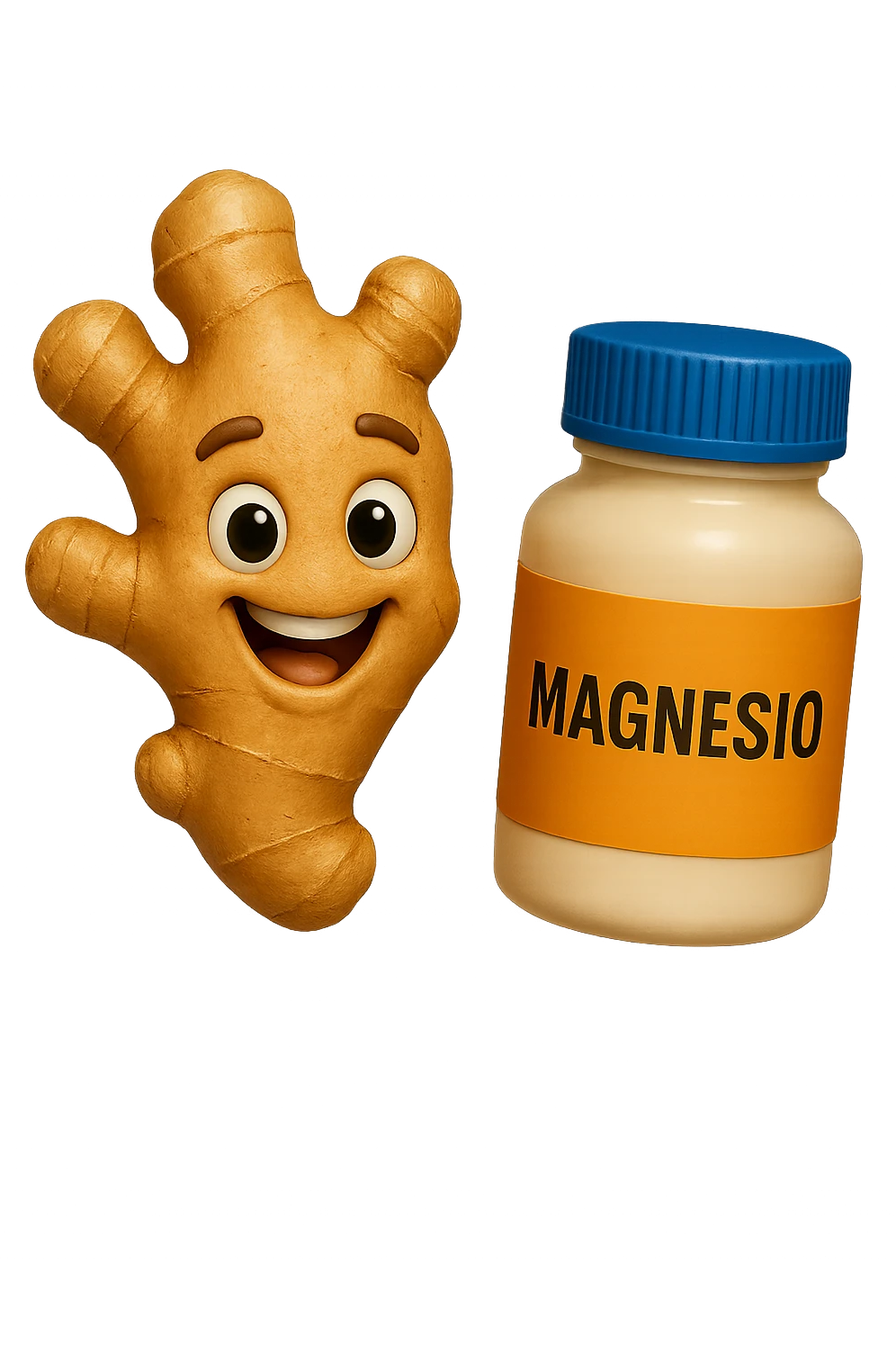 emoji stile iphone 3d di un pezzetto di zenzero e una boccetta di magnesio con la scritta "MAGNESIO" SULL'ETICHETTA CHE FLUTTUANO IN ARIA, iperrealistico 4k emoji