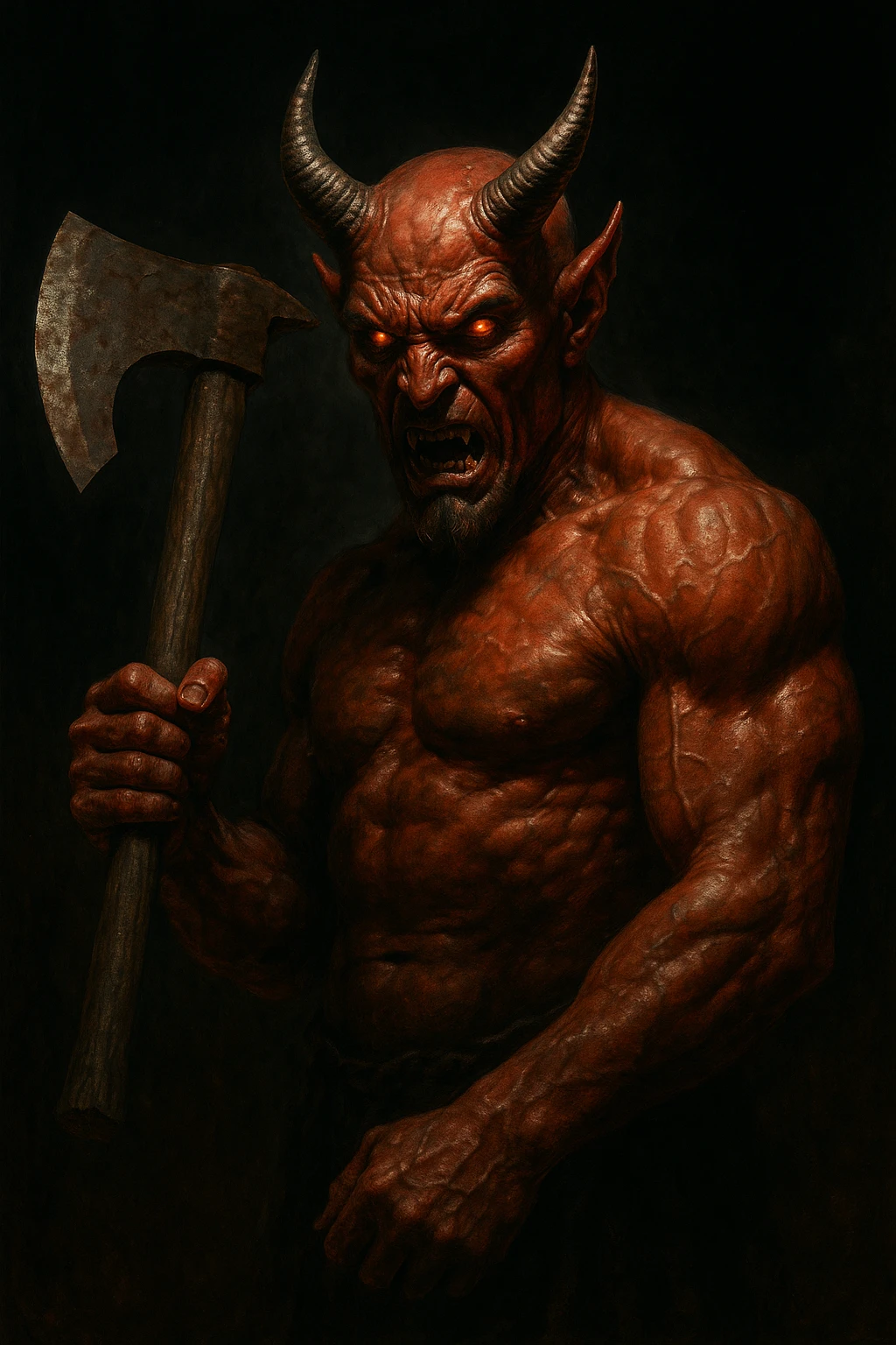 a realistic depiction of a devil holding an axe, detailed, dramatic lighting, menacing expression emoji
