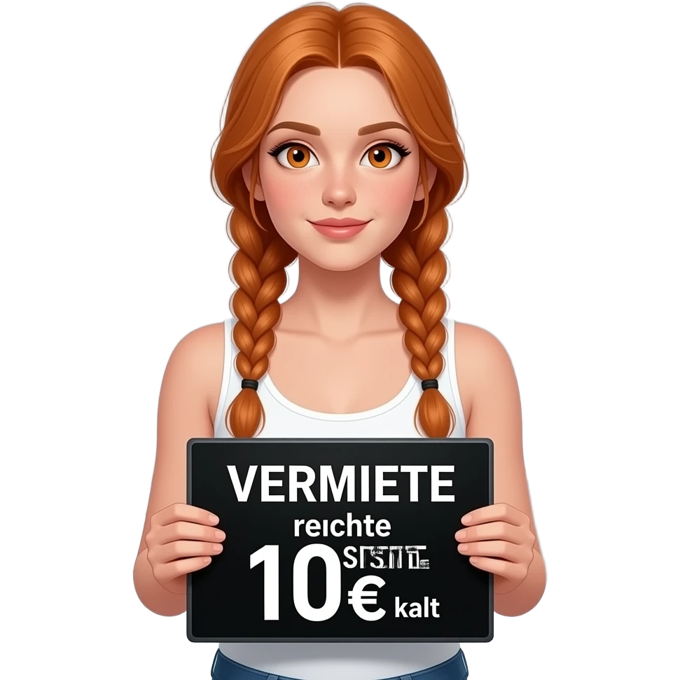 sexy girl with long ginger braids and ginger eyes wearing a white tanktop is holding a black sign with VERMIETE rechte BETTSEITE 100€ kalt written on it emoji