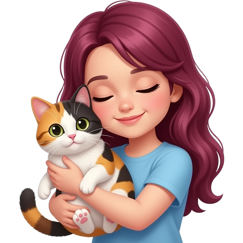 Make her cuddle a calico cat (The girl with maroon hair) emoji