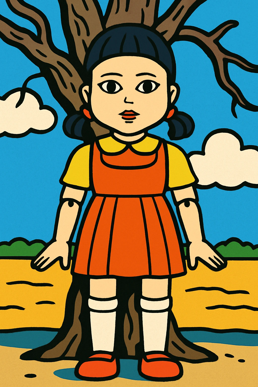 cartoon style illustration of the Squid Game doll from the first game emoji
