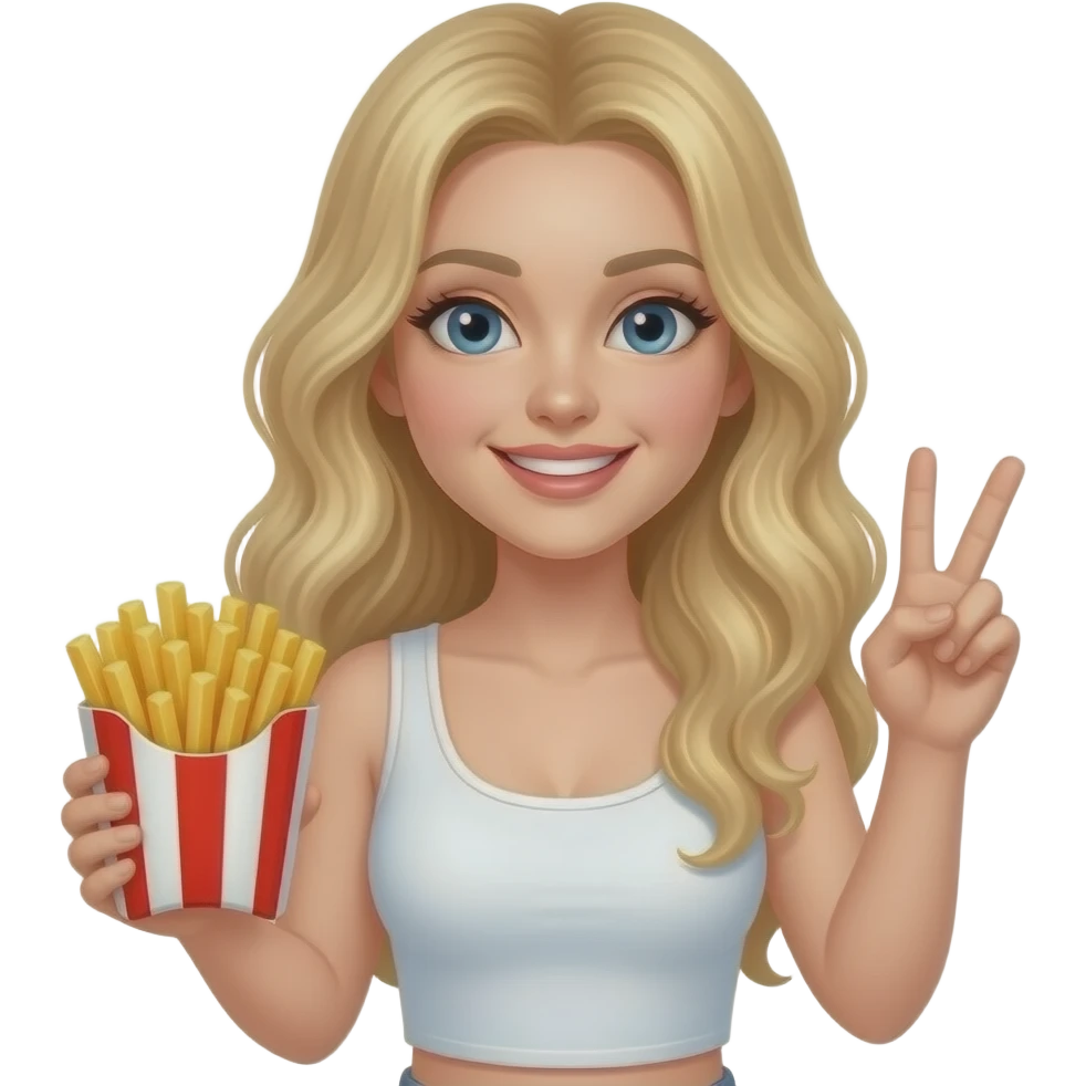 Blonde lady crimped hair middle part long holding french fries in a stripped red and white holder throwing up peace with innocent smile in a white tube top straight across no sleeves emoji