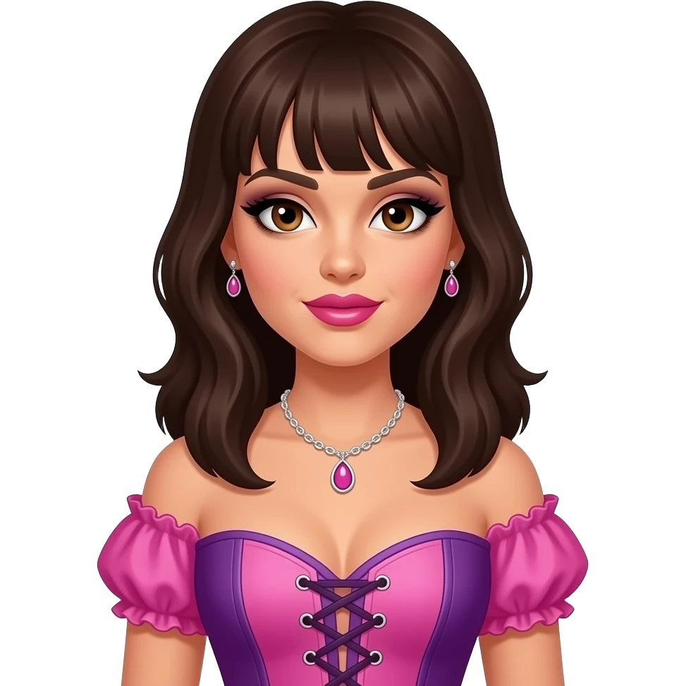 Jessica Sutta from The Pussycat Dolls with hazel eyes, long dark brown bang hair, black eyeshadow, hot pink lipstick, pink and purple off corset dress, necklace and earrings emoji