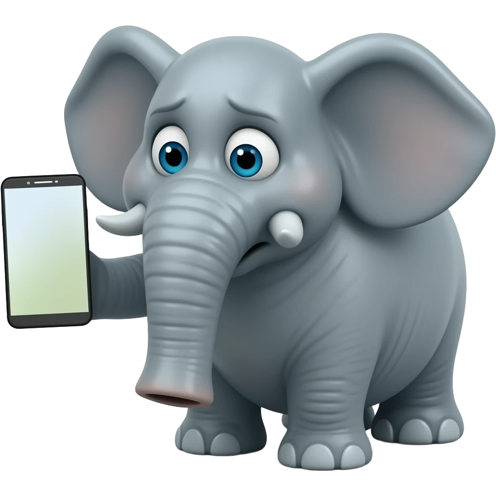 elephant face holding a smartphone on the trunk up in the ear talking on the phone. worried face emoji