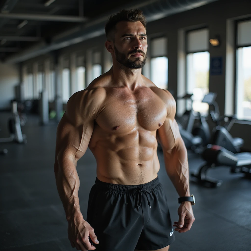 Uomo che si allena in palestra, esegue affondi con manubri, abbigliamento sportivo, fisico atletico, atmosfera motivazionale, dettagli iperrealistici 4K, ambiente moderno da palestra. emoji