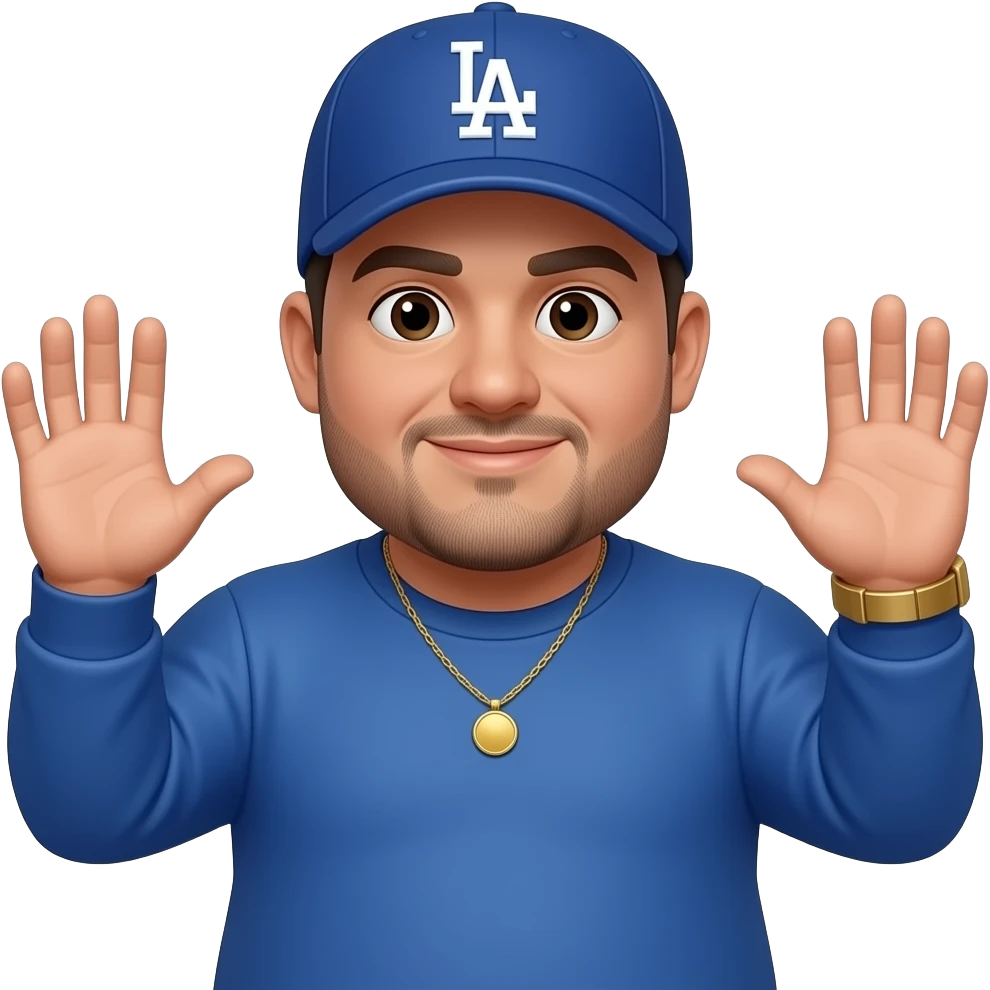 Chubby man with beige skin tone and lightly shaved black beard wearing a blue Los Angeles Dodgers logo baseball cap wearing a long sleeve blue shirt wearing a gold tennis necklace and a gold wrist watch with his hands up emoji