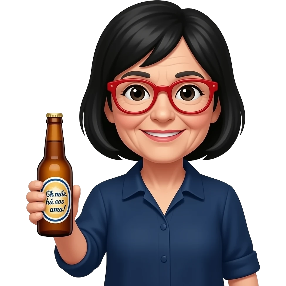 mulher, 60 anos, cabelo preto, olhos pretos , de óculos vermelhos, blusa azulão escuros, a segurar garrafa de cerveja com logo a dizer "Oh mãe, há só uma!" em português emoji