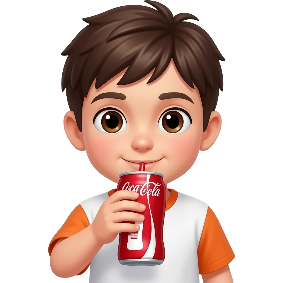A kid with dark brown hair and white and orange shirt with brown eyes drinking Coke emoji